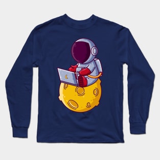 Cute Astronaut Working with Laptop on Moon Cartoon Long Sleeve T-Shirt